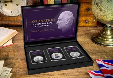 This collection combines the UK 2023 Silver Britannia, the Canada 2023 Royal Cypher Silver Dollar, and the New Zealand 2023 Coronation 1oz Silver.