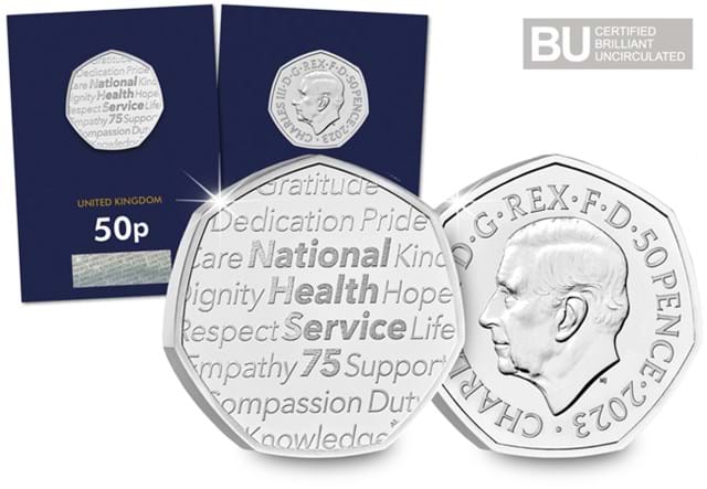 2023 UK NHS 50p in packaging and up close obverse and reverse with BU logo