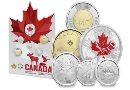 A set of Canadian coins that express the identity and pride of Canada, featuring a mosaic and a flash of red. The set is perfectly packaged in a Canadian maple leaf shaped folder with a pop-out easel.