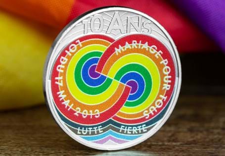 This coloured Silver coin pays tribute to the 10th anniversary of equal rights for same-sex couples with a stunning Pride-inspired design
