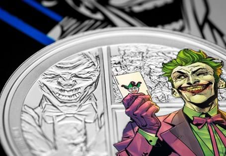 Struck from 1oz of .999 silver to a proof finish, featuring a coloured portrait of The Joker, holding his signature Joker card. Created in partnership with Warner Brothers. Edition Limit: 3000