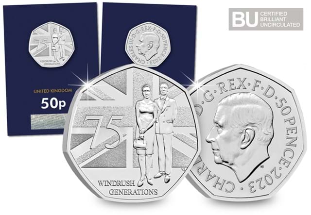 2023 UK 75 Years of the Windrush Generation 50p obverse and reverse up close and in Change Checker packaging with BU logo