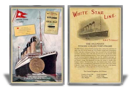 This Titanic collector's frame houses the UK 1912 Penny, issued in the year that the Titanic sank on maiden voyage from Southampton to New York