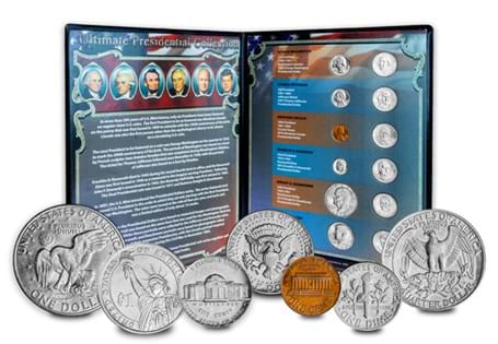This set pairs a coin from each regular-issue Presidential Coin series with its matching Presidential Dollar. All Dollars are out of issue and can no longer be printed. Presented in a folder.