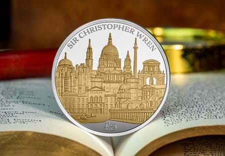 Celebrating Christopher Wren with a special edition £5 coin featuring a compilation of his most famous designs. Struck from Sterling Silver with 24 carat gold plating. EL.: 995
