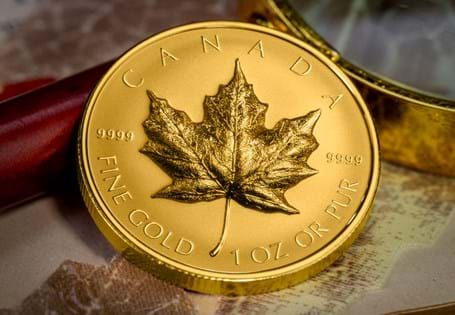 This Gold 1oz Coin has been issued by The Royal Canadian Mint. This first ever Ultra-High Relief Gold Maple Leaf has been struck from 1oz of 99.99% Pure Gold with a reverse proof finish. 