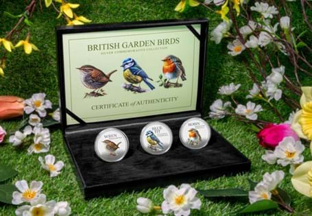 This commemorative set features Britain's favourite 3 birds; the Blue Tit, the Robin, and the Wren. All are featured alongside their Latin name. This set is 1oz of pure silver.