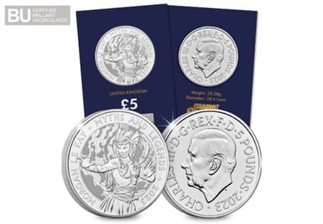 The Royal Mint have struck a £5 coin featuring the legend of Morgan Le Fay. It has been struck to a Brilliant Uncirculated quality and protectively encapsulated in Change Checker packaging.