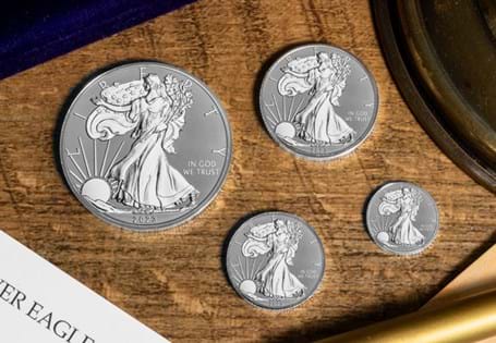 For 2023, Fiji has released this exquisite .999 Silver tribute to the American Silver Eagle. Each set includes four Fiji $1 coins of pure silver  