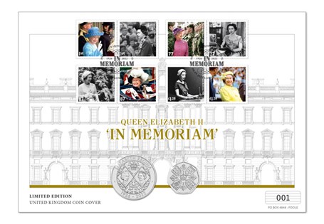 This UK coin cover features the UK 2022 In Memoriam 50p and £5 coins, alongside the GB 2012 Diamond Jubilee 8v stamps. It has been postmarked on 08.09.2023 and only 995 are available worldwide