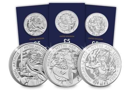 The Royal Mint have struck 3 £5 coins, celebrating the Arthurian Legend with King Arthur, Merlin, and Morgan Le Fay. Each coin has been struck to a Brilliant Uncirculated quality.