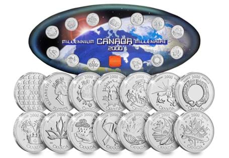 Unique collector set of twelve different commemorative quarters and special medal. Presented in oval shaped space folder. Coin themes; nations values and achievements. Struck with near perfect finish.