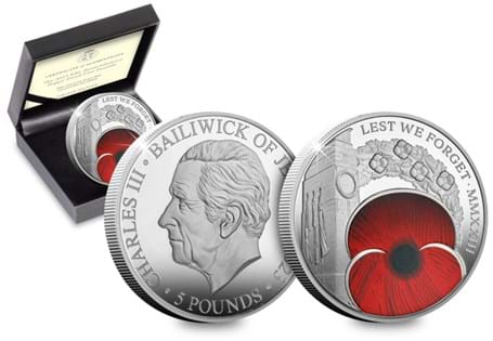Issued by Jersey for the anniversary of remembrance. Features the Cenotaph behind a wreath, with a large poppy in the foreground.  Struck from cupro-nickel with selective colour printing. EL:4995