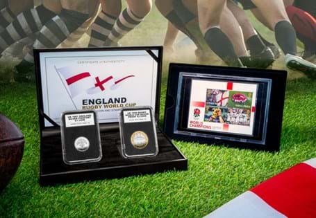 Houses the UK 1999 Rugby Silver Proof coin and the UK 1987 Silver Piedfort £1 struck in the year of the first ever rugby world cup. Features the GB 2003 Rugby Miniature Sheet - the year England won