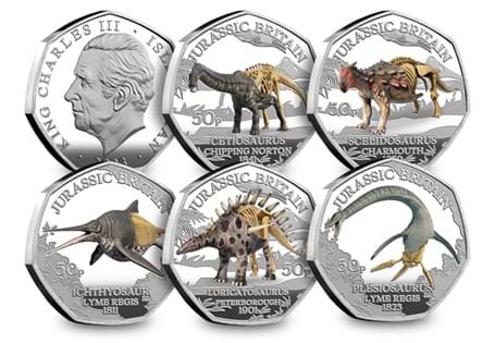 This set includes five new Jurassic Britain 50ps, struck to a Silver Proof finish with the addition of vivid colour. Authorised for release by the Isle of Man.