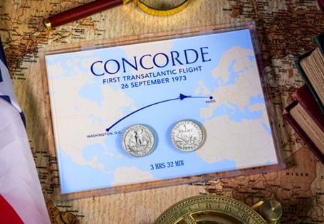 This Concorde Collector's Frame has been issued to mark the 50th anniversary of its first transatlantic flight in 1973. It contains a French Franc and a 25 Cents from the USA 