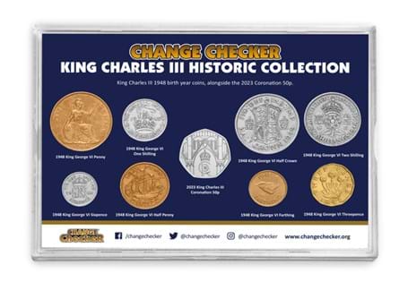 This collection pairs 9 coins from King Charles III birth year - 1948. Alongside the 2023 UK BU Coronation 50p. Presented in a bespoke frame.