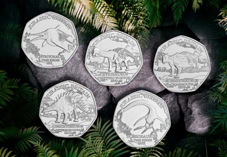 This set includes five new Jurassic Britain 50ps, struck to a Brilliant Uncirculated finish. Authorised for release by the Isle of Man.