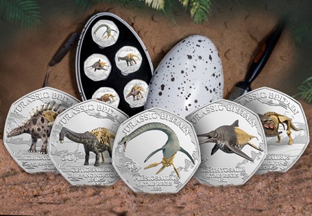 This set includes five new Jurassic Britain 50ps, struck to a Brilliant Uncirculated finish with the addition of vivid colour. Authorised for release by the Isle of Man.
