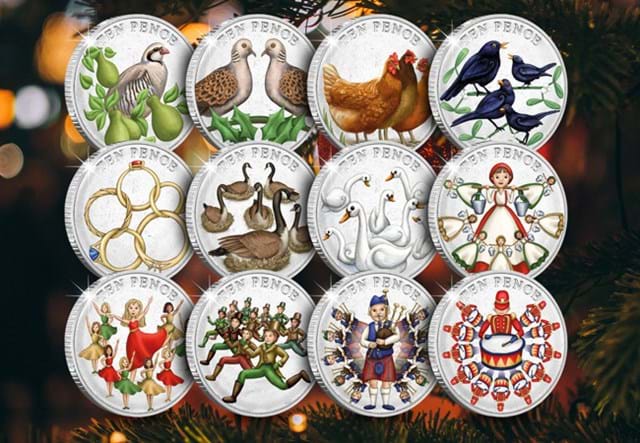 12 Days Of Christmas BU Coloured 10Ps All Rev With Xmas Background