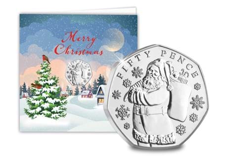 This Christmas card features the new 2023 Father Christmas 50p coin - encapsulated within the card to protect its superior Brilliant Uncirculated finish. The inside is blank for your personal message.