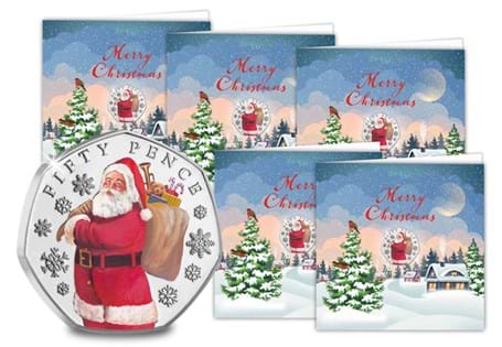 These new Father Christmas 2023 50p coins are encapsulated within the card to protect its superior Brilliant Uncirculated quality with vivid colour printing. The inside is left blank. BUY 4GET 1 FREE!