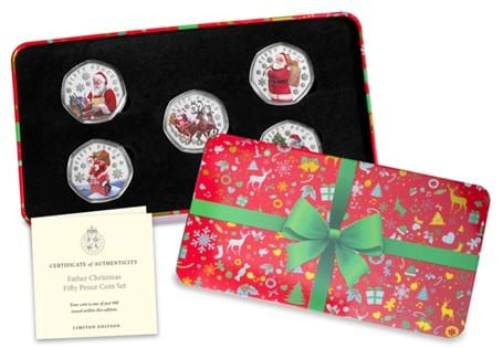 Issued for Christmas 2023, own all five brand new Father Christmas 50ps, struck to a Brilliant Uncirculated finish with the addition of vivid colour. Authorised for release by Jersey.