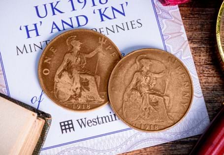 This pair includes original pennies from 1918 with H and KN mintmarks. These mintmarks show that the pennies were minted in Birmingham after the royal mint had to satisfy demand for pennies.  