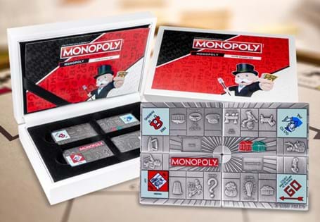 The famous Monopoly Board Game has arrived on a set of four Pure Silver coin bars. Piecing together to create the iconic Monopoly board. Edition limit: 500