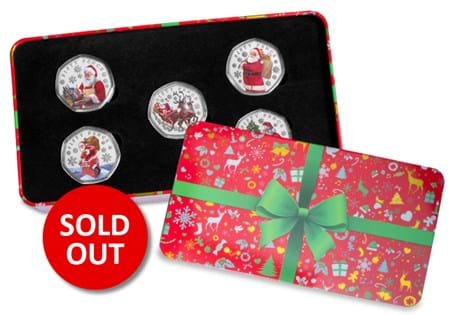 Issued for Christmas 2023, own all five brand new Father Christmas 50ps, struck to a Brilliant Uncirculated finish with the addition of vivid colour. Authorised for release by Jersey.