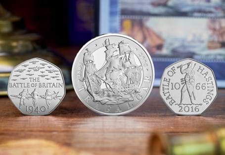 This collection houses the UK 2005 Battle of Trafalgar £5 Silver Proof Coin, 2016 UK Battle of Hastings 50p, 2015 Battle of Britain 50p Coin, and the Battle of Trafalgar UK stamps