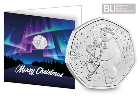 This 2023 The Snowman BU 50p features the Snowman and boy dancing in a snowy scene. The coin has been struck to a Brilliant Uncirculated quality and houses inside a festive Christmas Card.