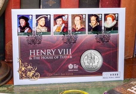 2009 Henry VIII & The House of Tudor £5 Coin First Day Cover, with regal background design and Royal Mail House of Tudor stamps postmarked on the First Day of Issue 21/04/09. 