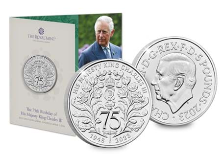 This Brilliant Uncirculated £5 coin has been issued by The Royal Mint to celebrate the 75th birthday of King Charles III in 2023.