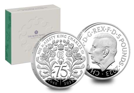 This Silver Proof £5 coin has been issued by The Royal Mint to celebrate the 75th birthday of King Charles III in 2023. Just 3,000 worldwide.