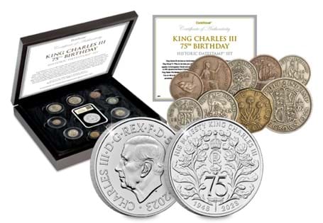 This Historic DateStamp set features the UK 2023 75th Birthday of KingCharles III BU £5 coin alongside the 1948 coin set. It has been postmarked with the date of His Majesty's birthday: 14/11/2023