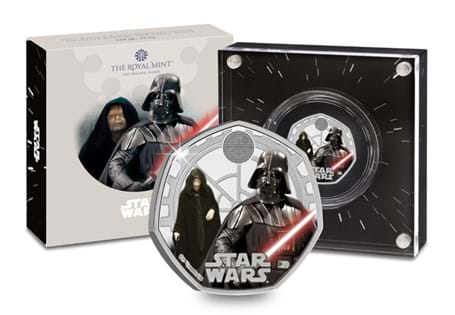 This UK 2023 Silver 50p coin is the second in the Royal Mint's
Star Wars series. It features none other than Darth Vader and Emperor
Palpatine in vivid colour upon a Sterling Silver coin 