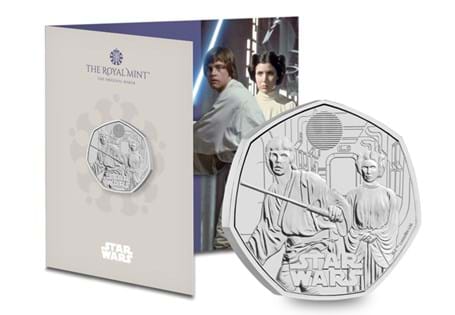 This UK 2023 BU 50p coin is the third from The Royal Mint's Star Wars™ series. It features Luke and Leia, & comes presented in official Royal Mint packaging.