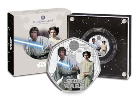 This UK 2023 50p coin is the third from The Royal Mint's Star Wars™ series. It features Luke and Leia, & comes presented in official Royal Mint packaging. Struck from 92.50% Silver to a Proof finish.