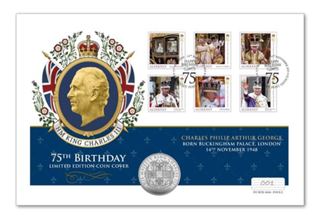 This £5 cover has been issued for the 75th Birthday of King Charles III. Features a £5 coin and The Coronation of King Charles III stamps.  Struck to a Proof finish. Hand-stamped on 14.11.23. EL 495