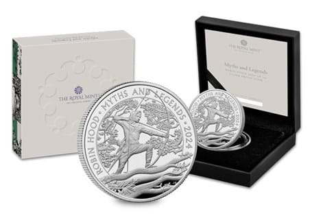 This UK 2024 1oz Silver Proof coin is part of The Royal Mint's Myths and Legends coin series, celebrating Robin Hood. Only 1,500 coins available worldwide