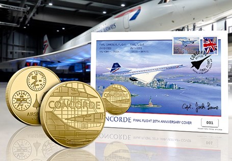 This commemorative cover has been issued to mark the 26th anniversary of Concorde's final flight. It features a gold plated commemorative alongside GB 1st Class Stamp postmarked with final flight date