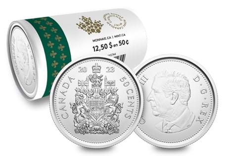 This is the first Canadian Wrap Roll to feature King Charles III's Effigy. Consisting of 25 uncirculated 50-cent coins, wrapped in illustrated paper.