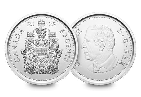 This is the first Canadian 50 Cent to feature King Charles III's Effigy. The obverse features the new Canadian effigy of His Majesty King Charles III.