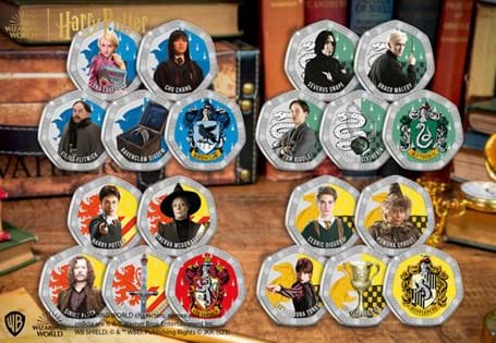 The Complete Hogwarts Houses Commemorative Collection, featuring the notable members from the four houses of Hogwarts. This is alongside the House crest and associated artefact for each house.