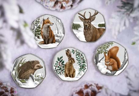 This set contains a collection of commemoratives featuring full colour designs of British animals in a winter setting. They come in a presentation box alongside a certificate of authenticity. EL 2,512