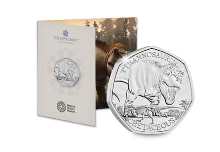 This 50p features the Tyrannosaurus Rex. The first coin in the new Dinosaurs: Iconic Specimens series. Struck to a Brilliant Uncirculated finish and presented in its official Royal Mint packaging.