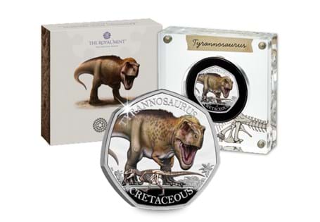 Silver Proof 50p features the T-Rex. Issued by The Royal Mint as part of a new series. Struck from Sterling Silver, featuring colour printing. Comes in its official Royal Mint packaging. EL.: 5,000