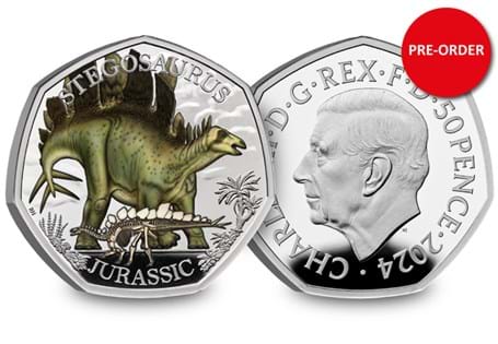Silver Proof Colour 50p featuring Stegosaurus. The second coin in the Royal Mint series: Dinosaurs: Iconic Specimens. Struck from Sterling Silver with colour printing. In official Royal Mint packaging