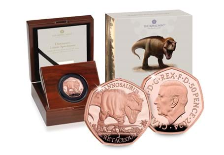 Gold Proof 50p features the T-Rex, issued by The Royal Mint as part of a new series: Dinosaurs: Iconic Specimens. Struck from 22 Carat Gold and presented in its official Royal Mint packaging. EL.: 100
